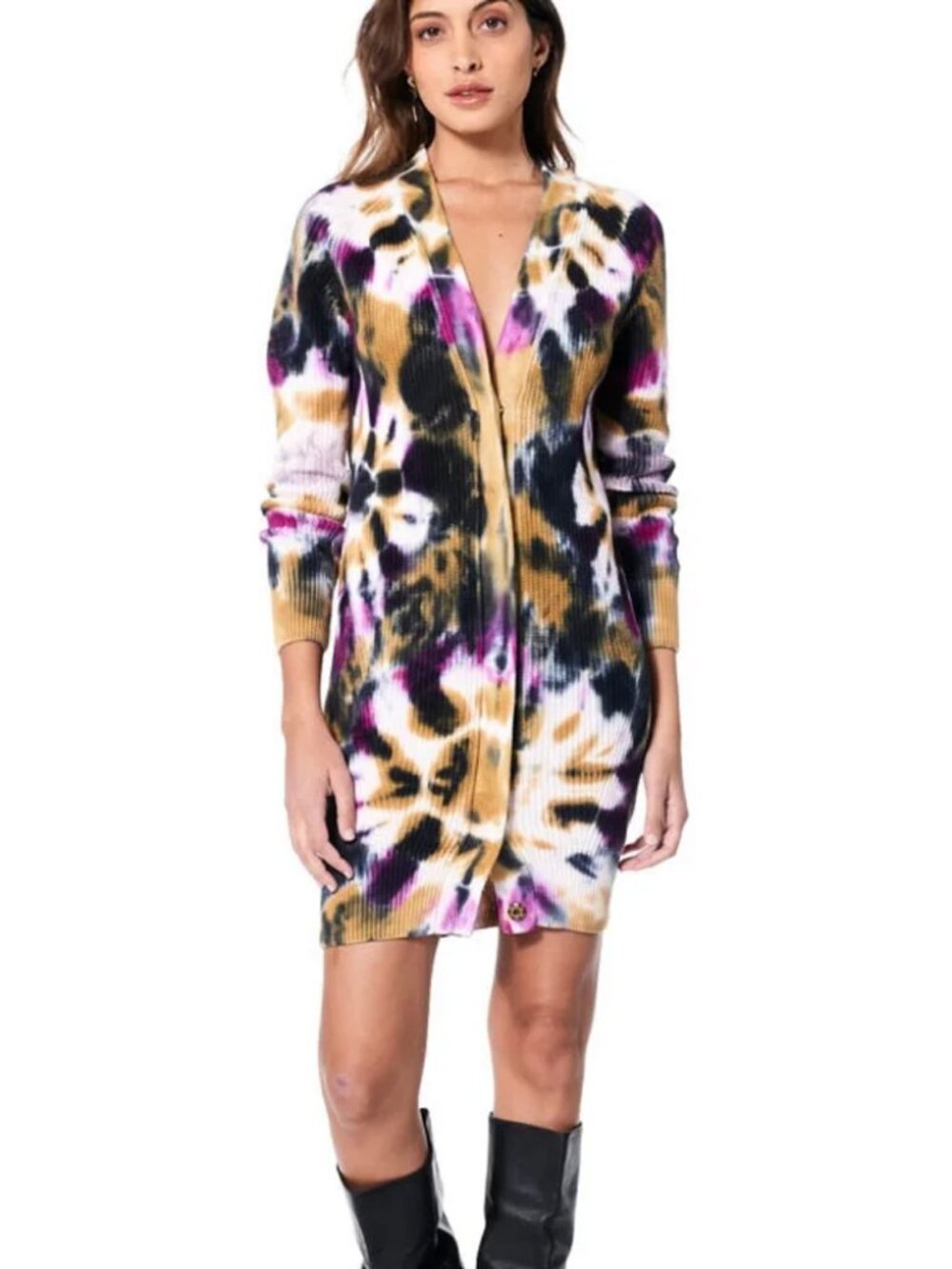 Young Fabulous & Broke Long Sleeve Cardigan Dress in Black, Gold, Purple, White